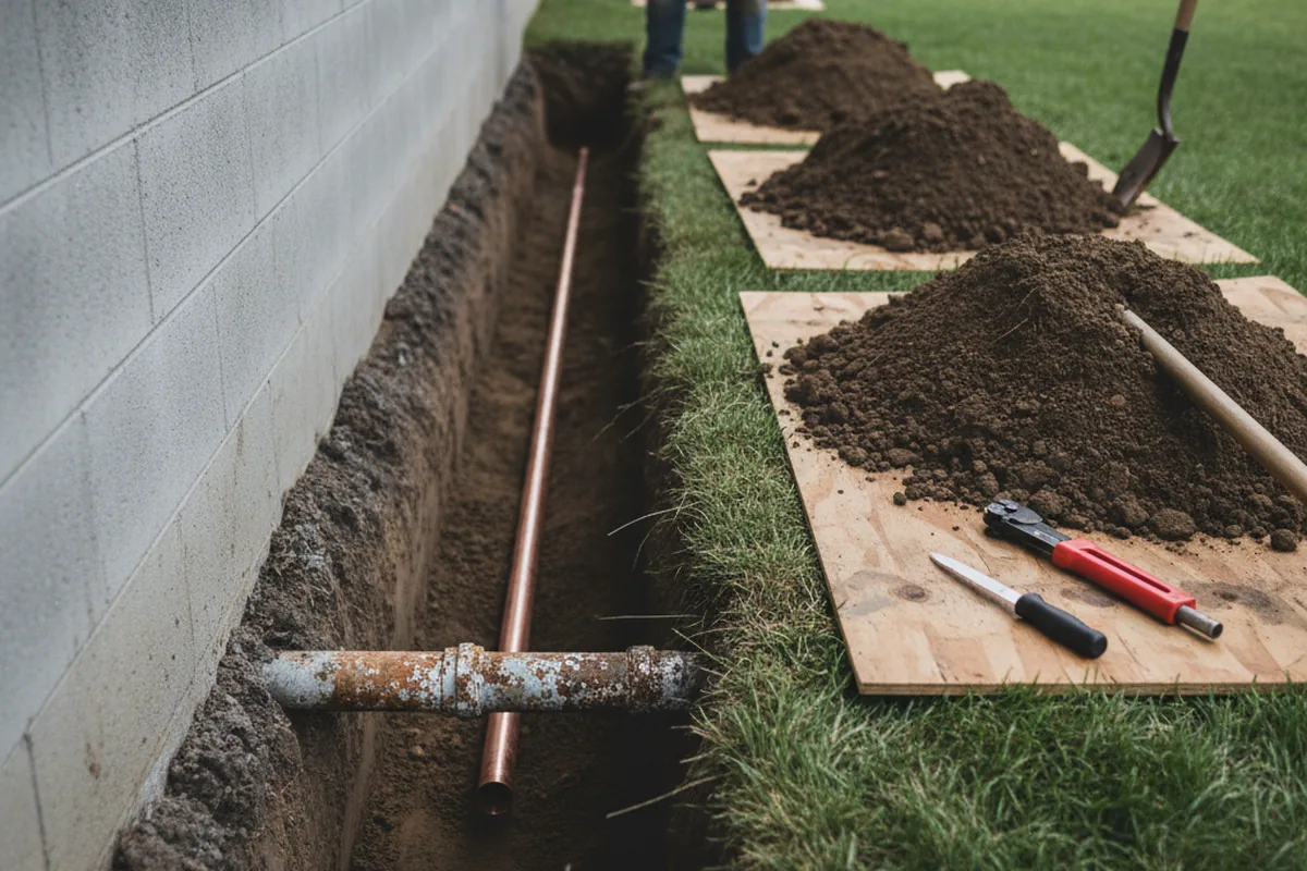 Excavated water line trench during Sewer Line Repair in North Webster